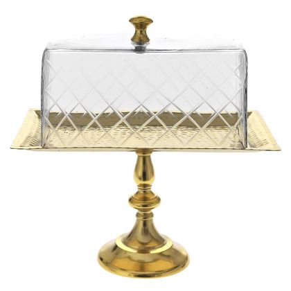GOLD METAL RECTANGLE TRAY WITH GLASS LID 32Χ18Χ30CM