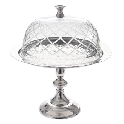 SILVER METAL ROUND TRAY WITH GLASS DOME 30X32CM