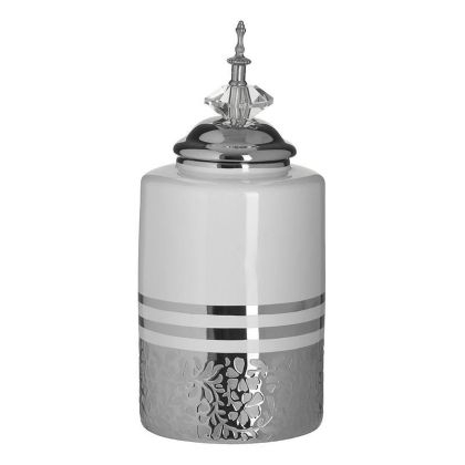Керамичен съд с капак цвят бял/сребърен Φ14X21