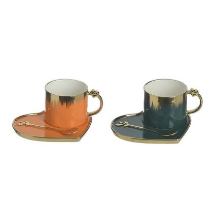 Комплект чаша с чинийка и лъжичка в 4 цвята 14Χ2Χ16