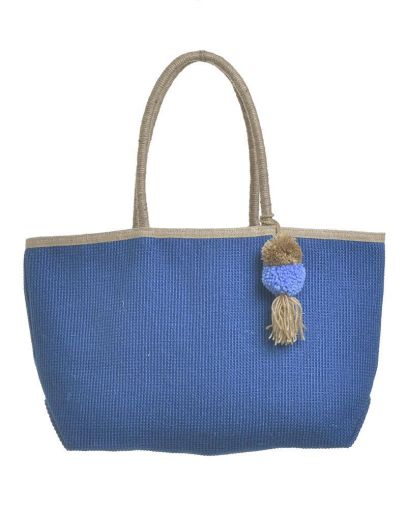 Чанта от юта в син цвят с бежови детайли 50χ27χ14 (100% юта)