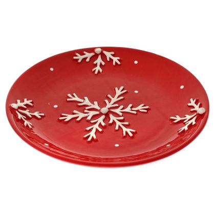 Керамична чиния червена с бели снежинки 20x20x2см