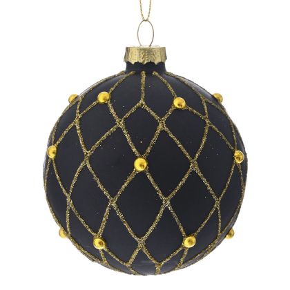  BLACK-GOLD GLASS BALL ORNAMENT 8CM SET 6