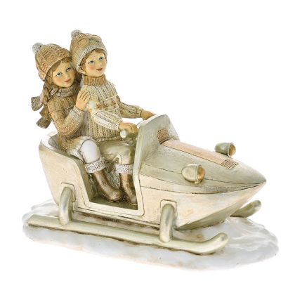  XMAS CREAM AND GOLD POLYRESIN CHILDREN ON A SNOWMOBILE 18X10X14CM