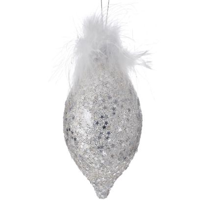  SILVER GLASS STALACTITE ORNAMENT WITH FEATHERS 6X13CM SET 6