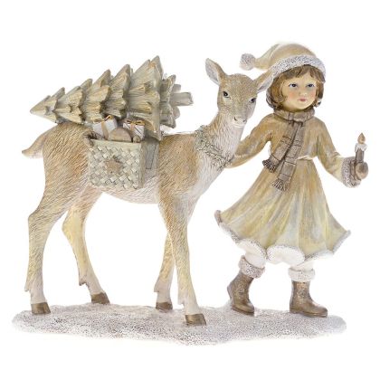  XMAS CREAM AND GOLD POLYRESIN GIRL WITH DEER 22X10X19CM