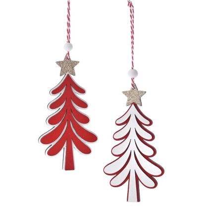  XMAS SET 2 RED WHITE WOODEN TREE ORNAMENTS 6X12CM