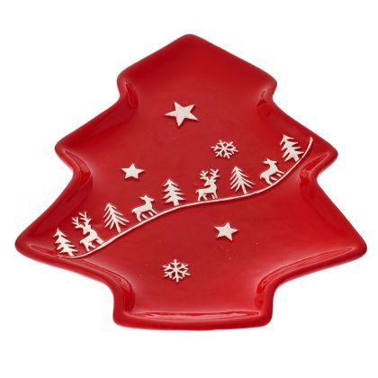  RED CERAMIC PLATE WITH CHRISTMAS SCENE  24X20X2CM