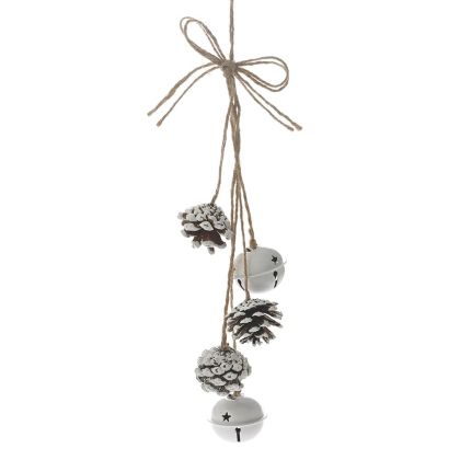  XMAS WHITE METAL ORNAMENT 33CM WITH BELLS AND PINECONES