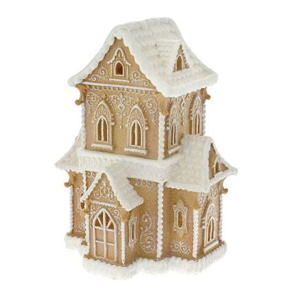  XMAS BROWN RESIN GINGERBREAD HOUSE WITH LED LIGHT 28X21X37CM
