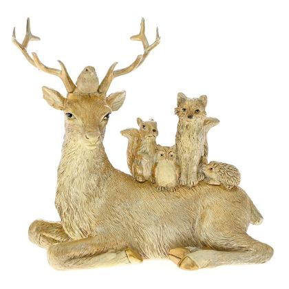  XMAS GOLD POLYRESIN SITTING DEER WITH SQUIRRELS STATUE 13X6X13CM
