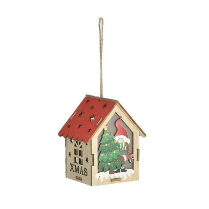 WOODEN XMAS ORNAMENT LED HOUSE NATURAL/RED 7Χ6Χ9