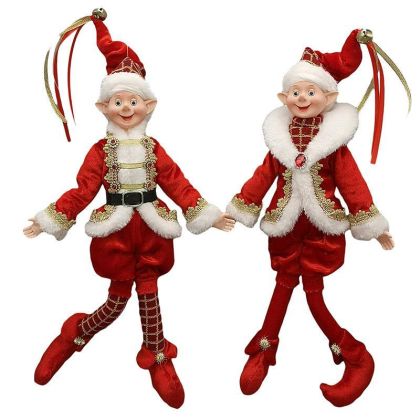 S/2 FABRIC/PL HANGING ELF 2 DESIGNS RED/GOLD H46