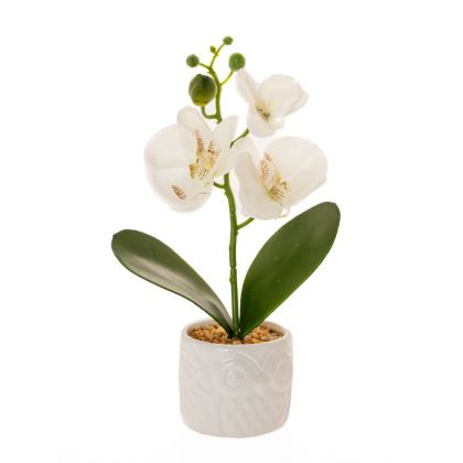  Изкуствена бяла орхидея 23см в керамична саксия 