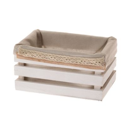 BEIGE WOODEN STORAGE CRATE WITH FABRIC LINING 20X14X10CM