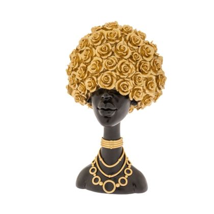 DECO RESIN FIGURE OF AFRICAN WOMAN WITH GOLD FLOWERS ON HAIR AND GOLD NECKLACE 19,5X12X32CM