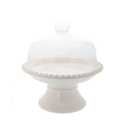 DECO STONEWARE WHITE CAKE PLATE W GLASS CAP 30x30x31.5CM
