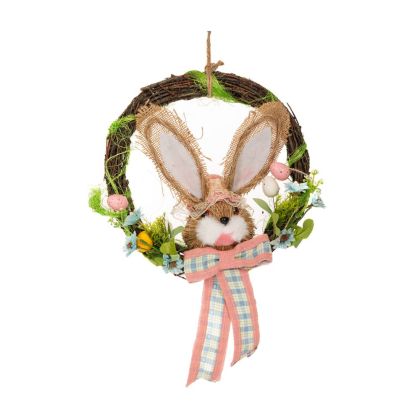EASTER DECO RATTAN WREATH WITH PINK RABBIT AND FLOWERS 6X24X40CM