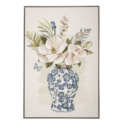 OIL PAINTING ON TOP OF PRINTED CANVAS BLUE VASE AND WHITE FLOWERS IN SILVER FRAME 82.5Χ4.5Χ122CM