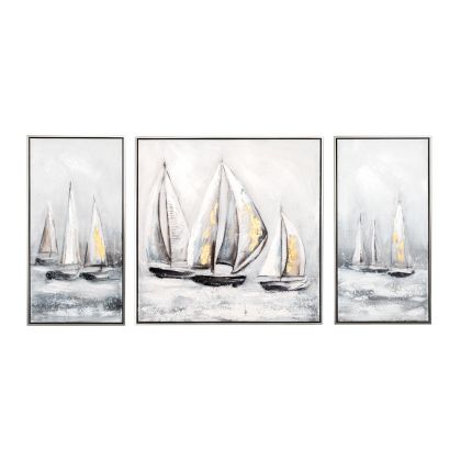 OIL PAINTING ON TOP OF PRINTED CANVAS SET 3 WITH SHIPS AND SILVER FRAME 150X4.5X72.5CM