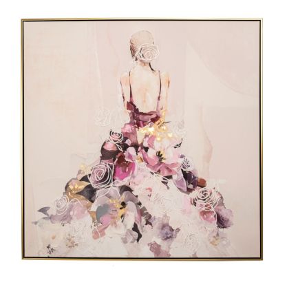 OIL PAINTING ON TOP OF PRINTED CANVAS WOMAN WITH PURPLE DRESS IN GOLD FRAME 102.5X4.5X102.5CM