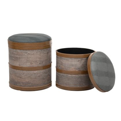 SET 2 WOODEN BROWN STOOL WITH GREY LEATHER SEAT 39x45 34x38CM