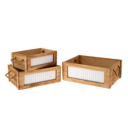 SET 3 BROWN WHITE WOODEN STORAGE CRATE WITH ROPE HANDLES 39X28X15 34X23X13 29X18X11CM