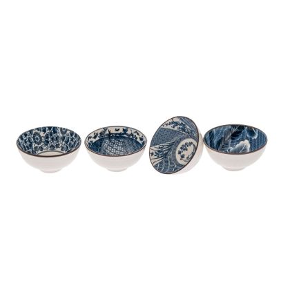 Комплект/4 керамични чинии в синьо-бял цвят с цветя - 12x6 см