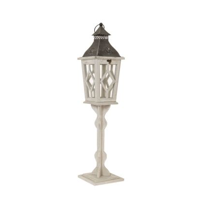 WHITE WASHED WOODEN LANTERN ON STAND 18X18X82CM