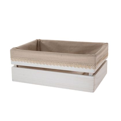WHITE WOODEN STORAGE CRATE WITH FABRIC LINING 40X29X15CM
