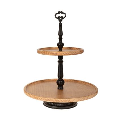 2 LAYERS WOOD TRAY CAKE STAND WITH BLACK METAL BASE D39-D24 X48CM