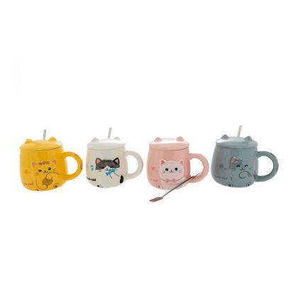 CERAMIC MUG CAT DESIGN WITH LID AND SPOON 13X9X8CM IN 4 COLORS