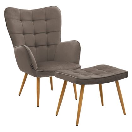 Maddison armchair with footrest-cushion velvet brown-natural 68x72x98cm