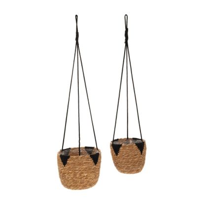 SET 2 HANGING GRASS PLANTER WITH BLACK COTTON ROPE 22X18 18X16CM