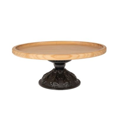WOODEN OVAL TRAY CAKE STAND WITH BLACK METAL BASE 33X22X13CM