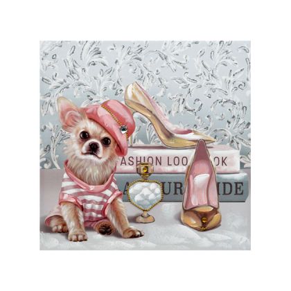 Картина платно Куче с розова тениска - 60x60x3 см