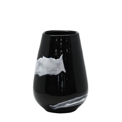 Черна стъклена ваза с бяла линия, средна - ф18.5x26.5 см