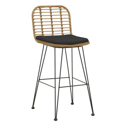 Градински бар стол Naoki седалка PE изкуствен ратан с възглавничка черни метални крака 45x51x107cм