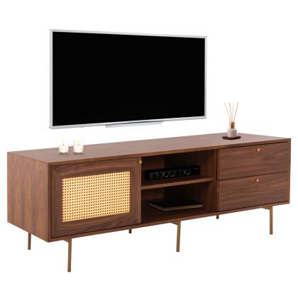 Тв шкаф MEEN HM9736 от MDF с фурнир цвят орех и златни метални крака 160x40x52Hcm.