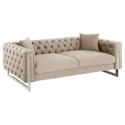 Триместен диван CHESTERFIELD MOBAR HM3263.02 кремав плюшен с метална рамка 212x87x68H cm.