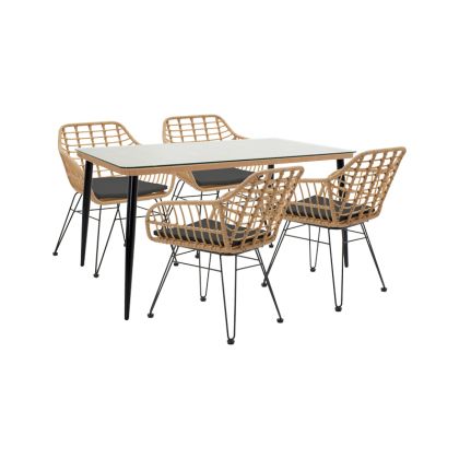 Dining table Naoki II set of 5 natural rattan-black metal-glass 160x90x78cm