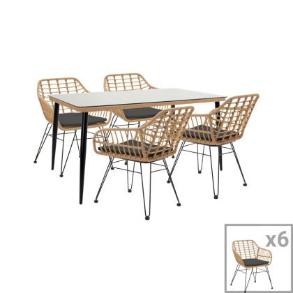 Dining table Naoki III set of 5 natural rattan-black metal-glass 160x90x78cm