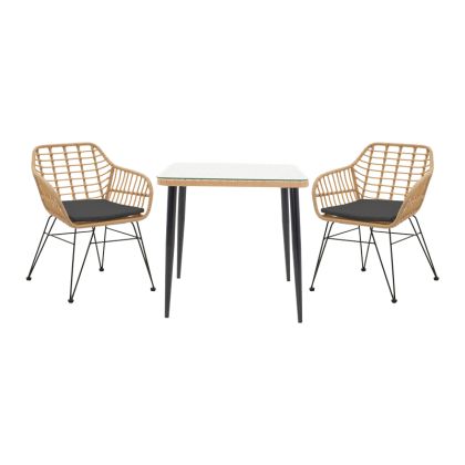 Dining table Naoki set of 3 natural rattan-black metal-glass 80x80x78cm