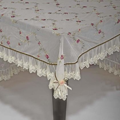 FABRIC CREAM TABLE COVER W/PINK EMROIDERY ROSE 150Χ150