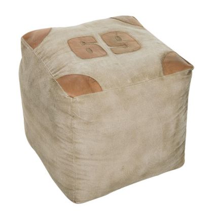 FABRIC/LEATHER POUF IN CREAM/BROWN COLOR 42X42X40