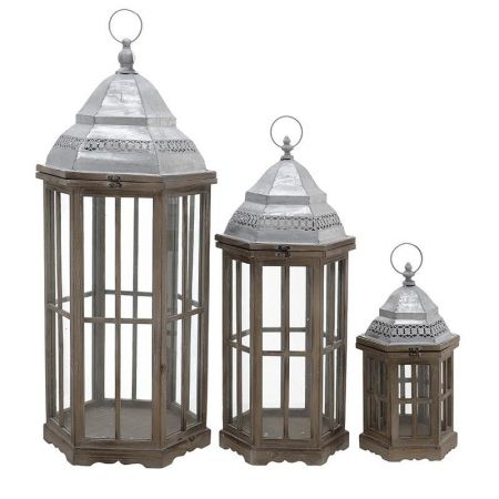 S/3 WOODEN LANTERN IN WHITE BROWN/WHITE COLOR