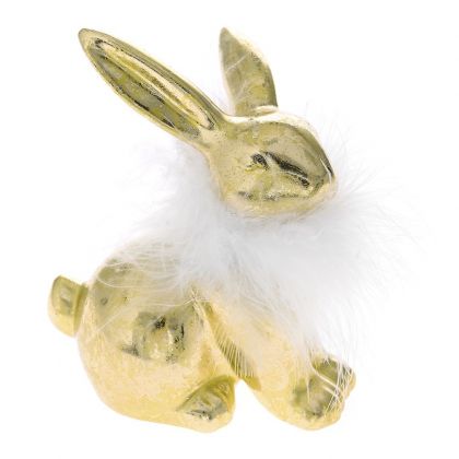 GOLD CERAMIC BUNNY 10x9x13 WITH WHITE FEATHER DECO