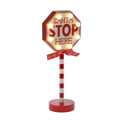 ДЪРВЕНА ДЕКОРАЦИЯ SANTA STOP HERE С LED СВЕТЛИНИ 12X8X30CM