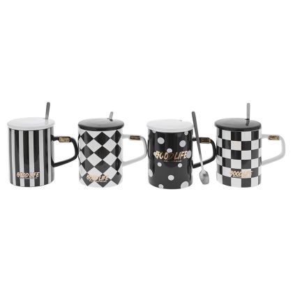 BLACK-WHITE CERAMIC CUP WITH SPOON AND LID IN 4 COLOURS AND DESIGNS 8x11CM 400ml