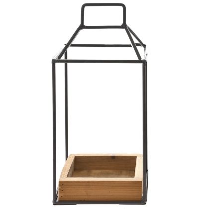 BROWN METAL LANTERN STAND ON WOODEN TRAY 20X20X45 CM